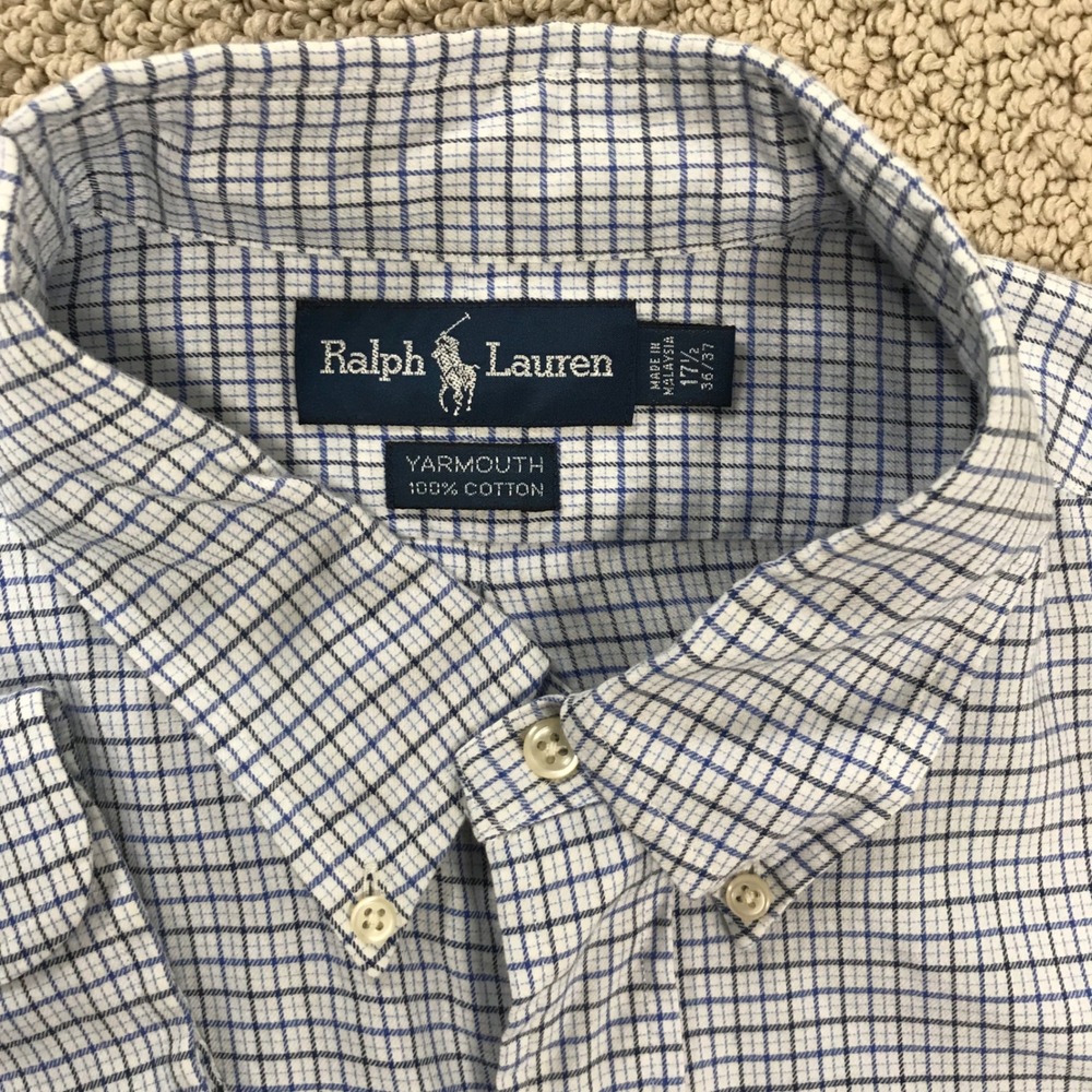 Ralph Lauren Yarmouth Mens 17.5 36/37 Blue White Tattersall Check Cotton Shirt - Picture 4 of 6
